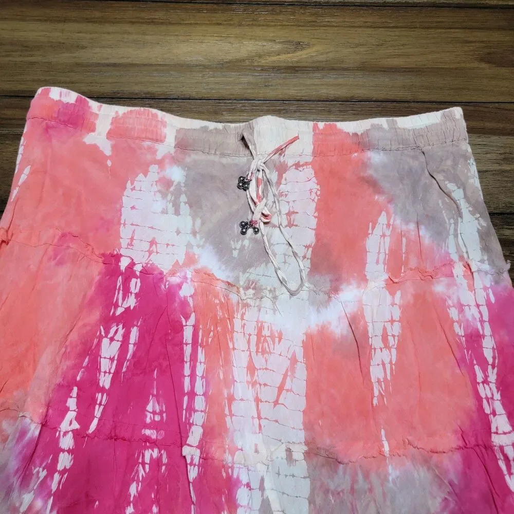 Cato Orange & Pink Tie Dye Full Length Skirt w/ Tiny Tie Bells - Size XL